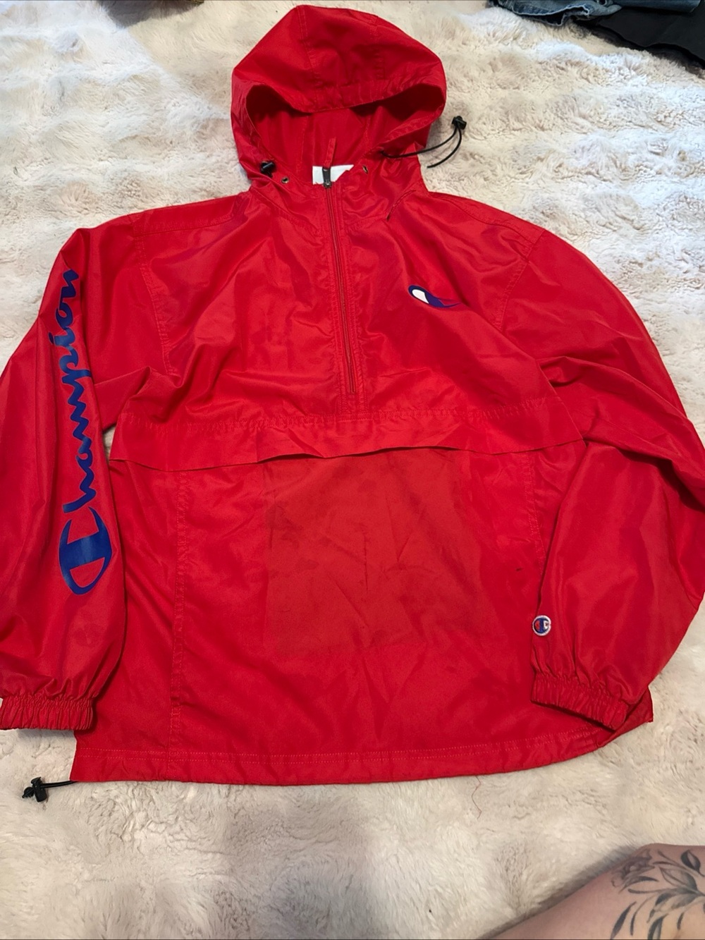 Champion Red Hooded Pullover Rain with Blue Logo